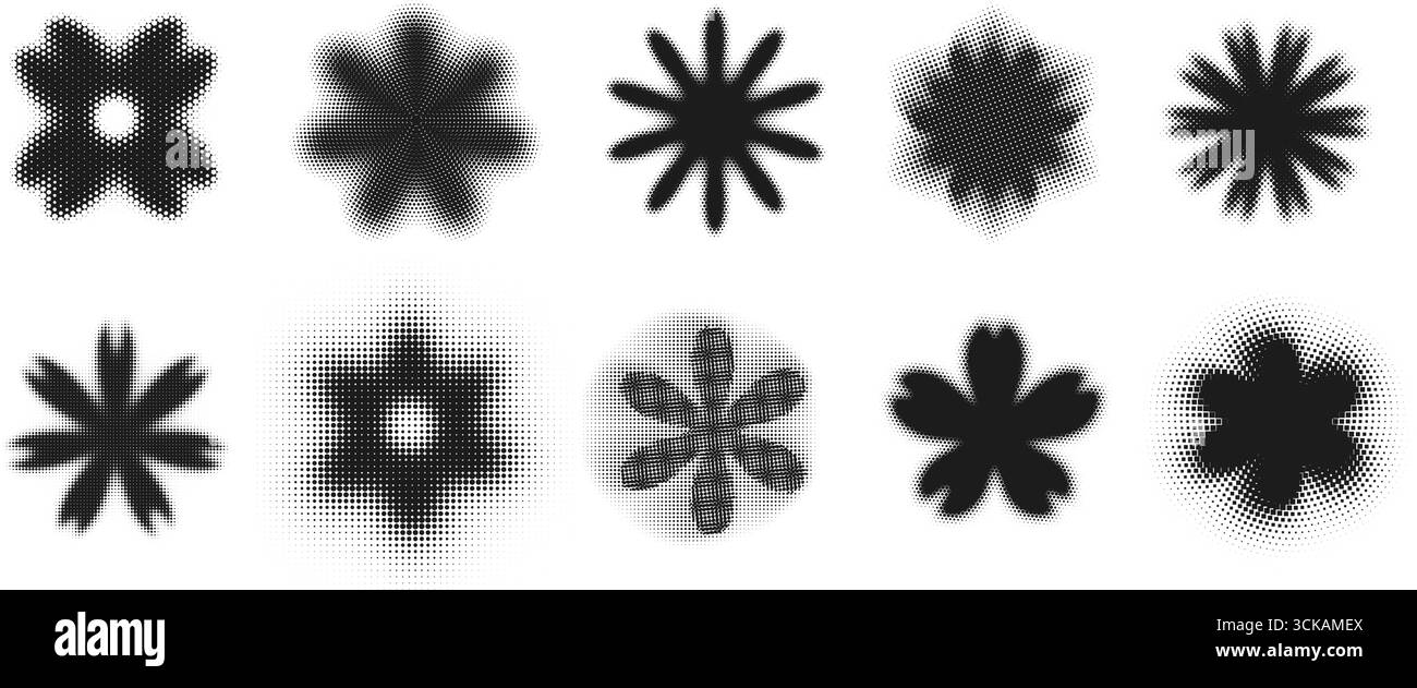 Fleurs en demi-teintes. Formes florales avec texture pointillée, silhouettes floues rétro et pétales de fleurs radiales avec effet pointillé demi-ton. Résumé b Illustration de Vecteur