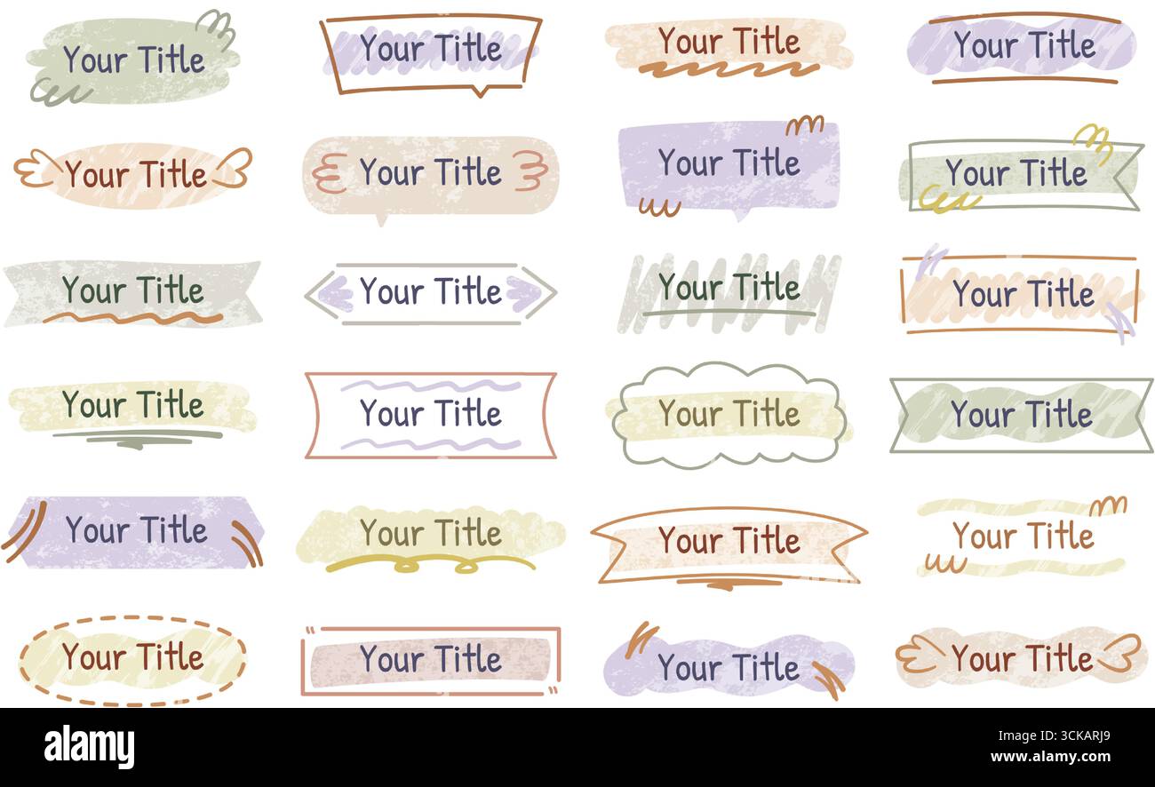Cadres de titre dessinés à la main. Esquisser les bordures de bannière, les zones de texte esquissées et les contours des bulles de dialogue. Modèles d'étiquettes décoratives, messages manuscrits mignons f Illustration de Vecteur