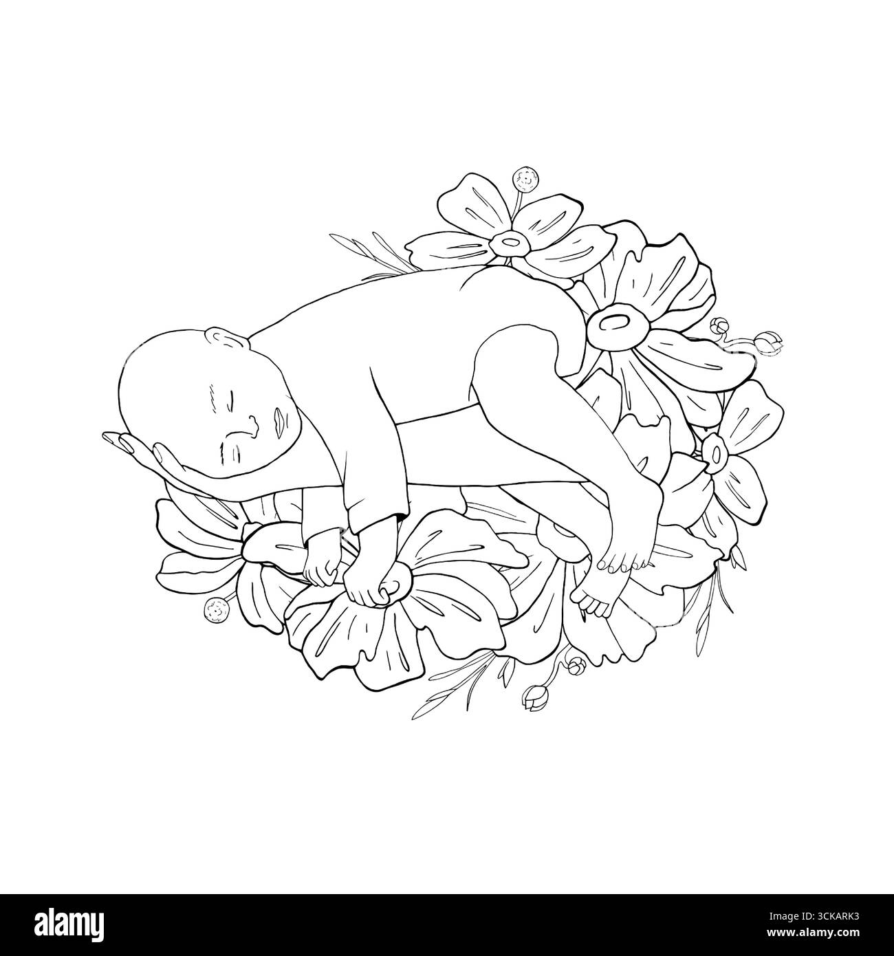Bébé nouveau-né est allongé sur le bras avec des fleurs. La main tient l'enfant. Naissance d'enfant, carte de douche de bébé, nouveau-né. Anémone Bud illustration vectorielle graphique, dessin au trait Illustration de Vecteur