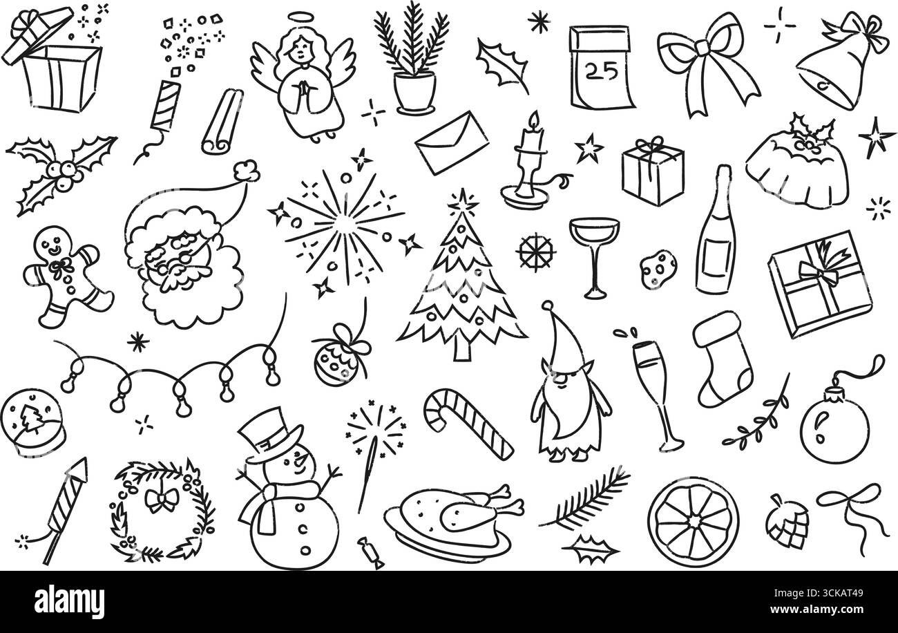 Gribouilles de Noël. Décoration de Noël festive dessinée à la main, Père Noël, bonhomme de neige, arbre de Noël, bas, feux d'artifice et cadeaux. Sym. De vacances d'hiver linéaire Illustration de Vecteur