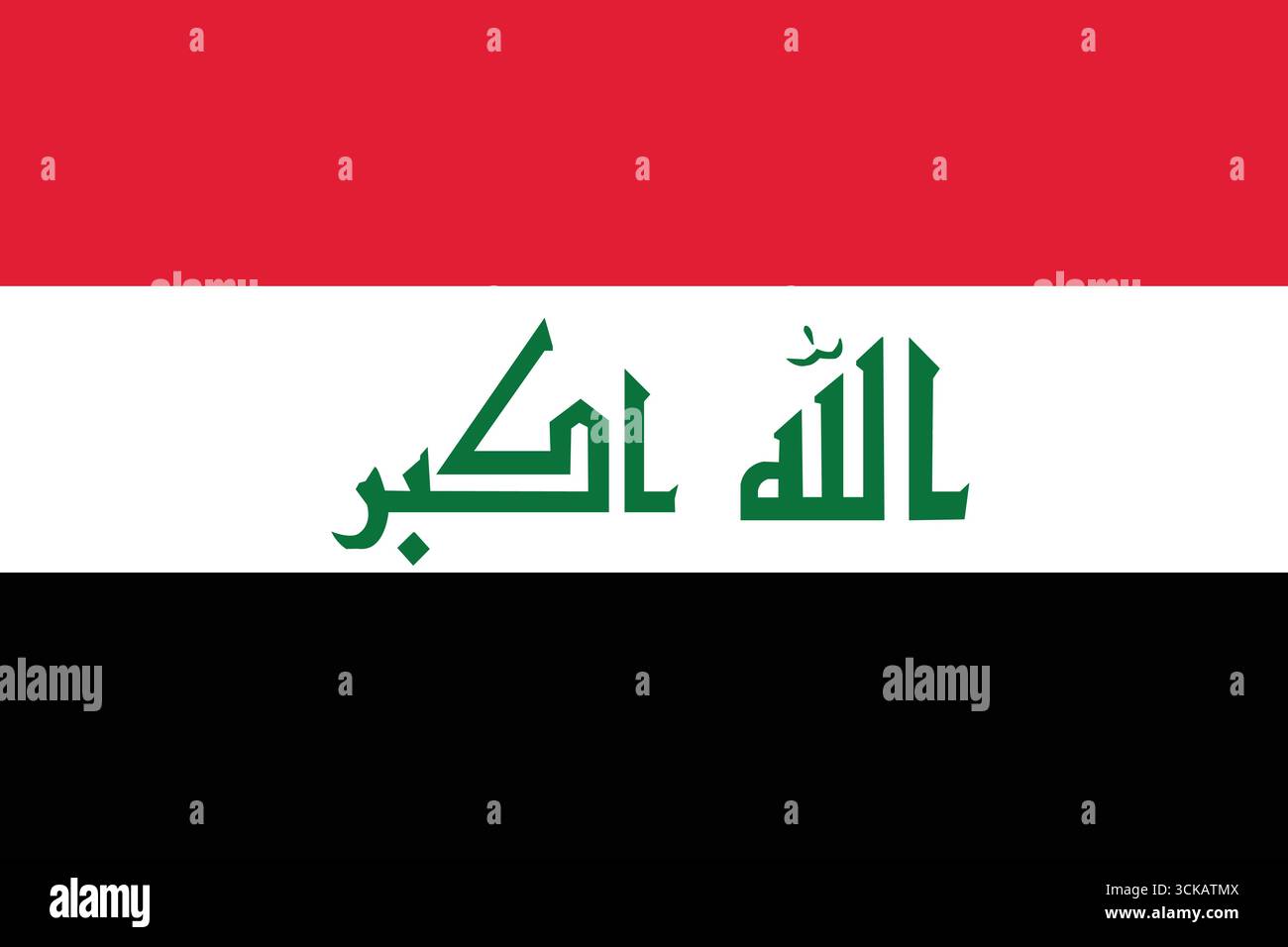 Illustration vectorielle plate de drapeau irakien avec des rayures rouges, blanches, noires et un script arabe vert. Conception propre du symbole national. Illustration de Vecteur