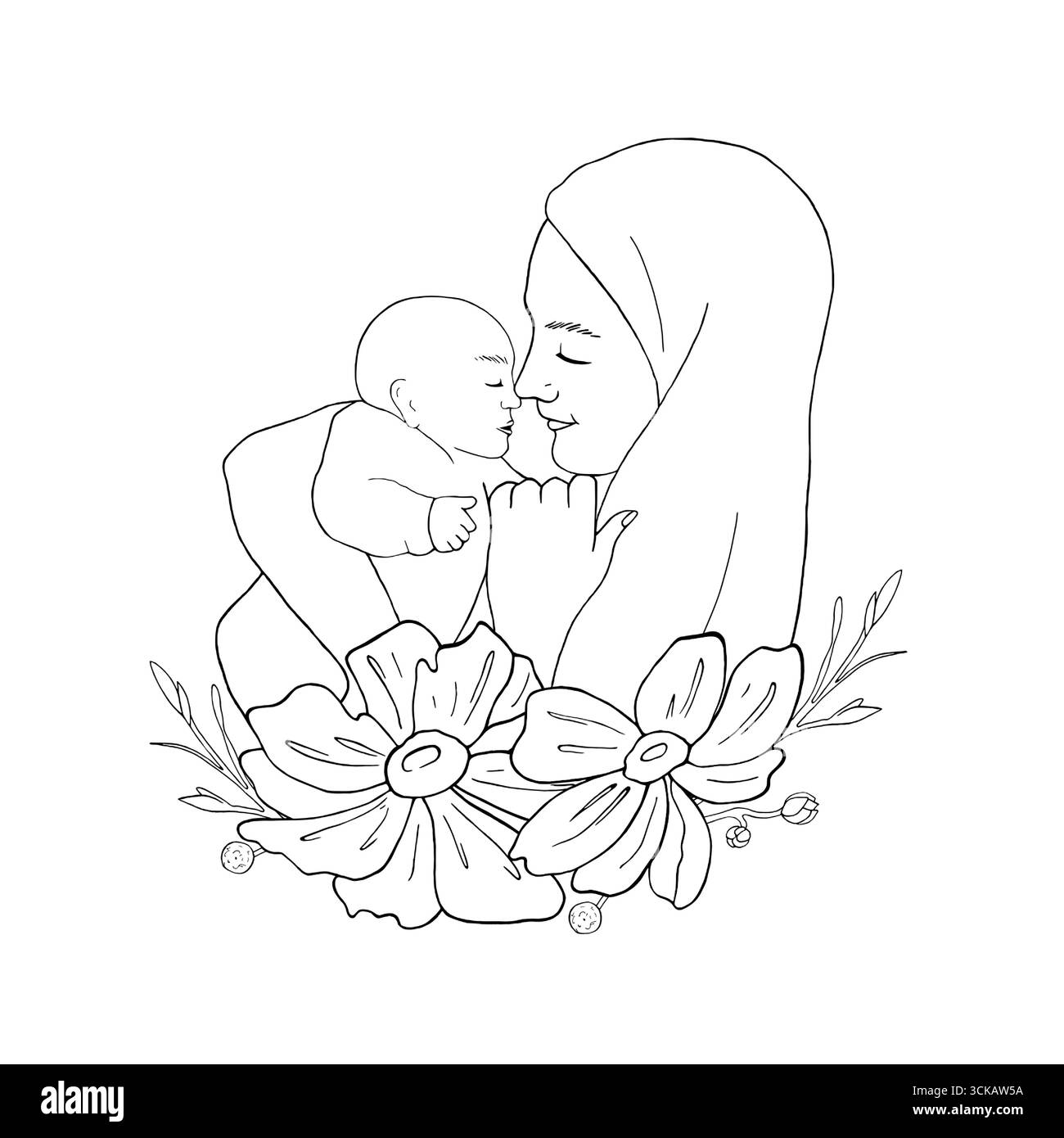 La femme musulmane tient l'enfant endormi avec des fleurs. Mère arabe embrasse son nouveau-né, bourgeons d'Anemone. Illustration vectorielle graphique style de dessin au trait Illustration de Vecteur