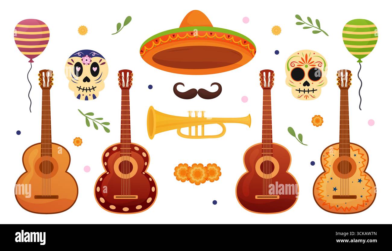 Des décorations colorées mettent en valeur Dia de Muertos, avec des guitares, des crânes et des symboles festifs. Banque D'Images