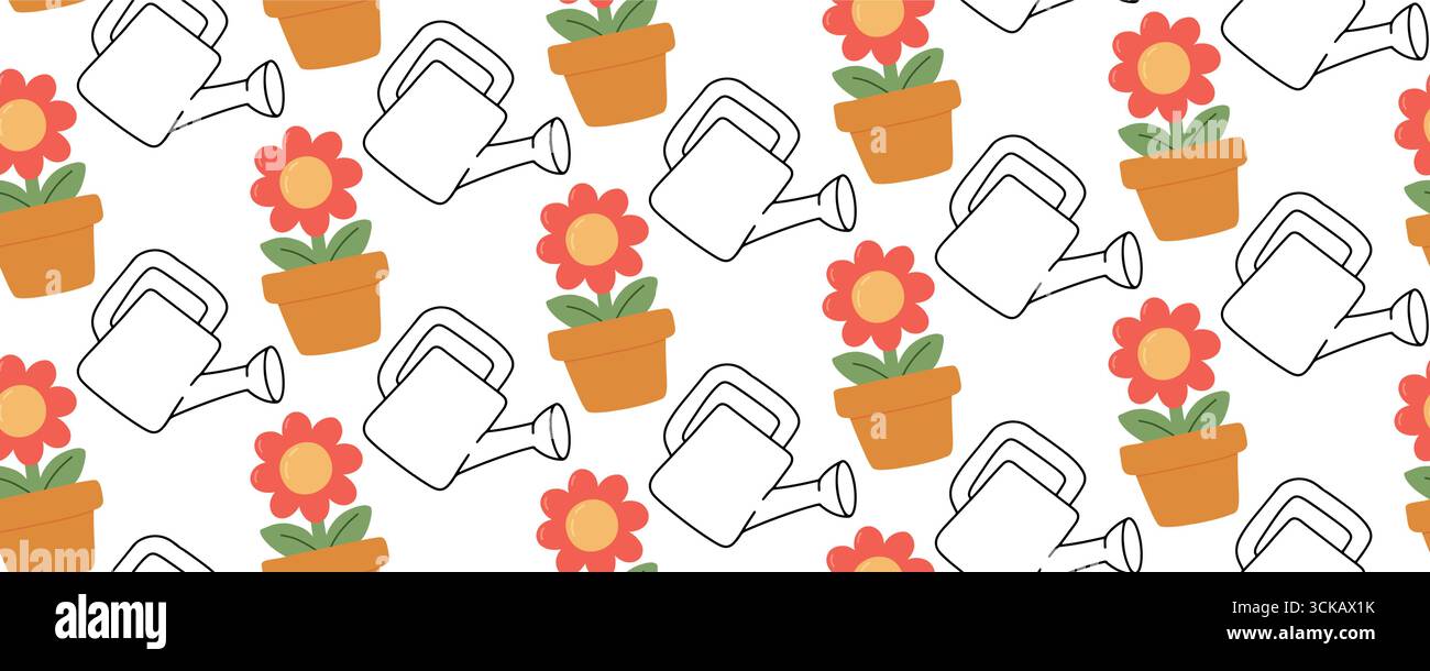 Modèle de jardinage de style plat sans couture avec pots de fleurs et arrosoirs de contour. Fond de printemps floral pour textile, emballage, papier peint, enfants Illustration de Vecteur