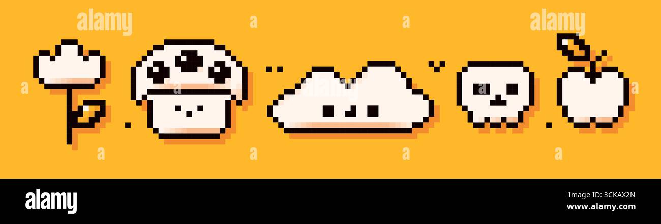 Icônes de jeu de pixel sur fond jaune. Tulipe, champignon, nuage, crâne, pomme dessinés dans le style de bit Y2K simple. Illustration de Vecteur