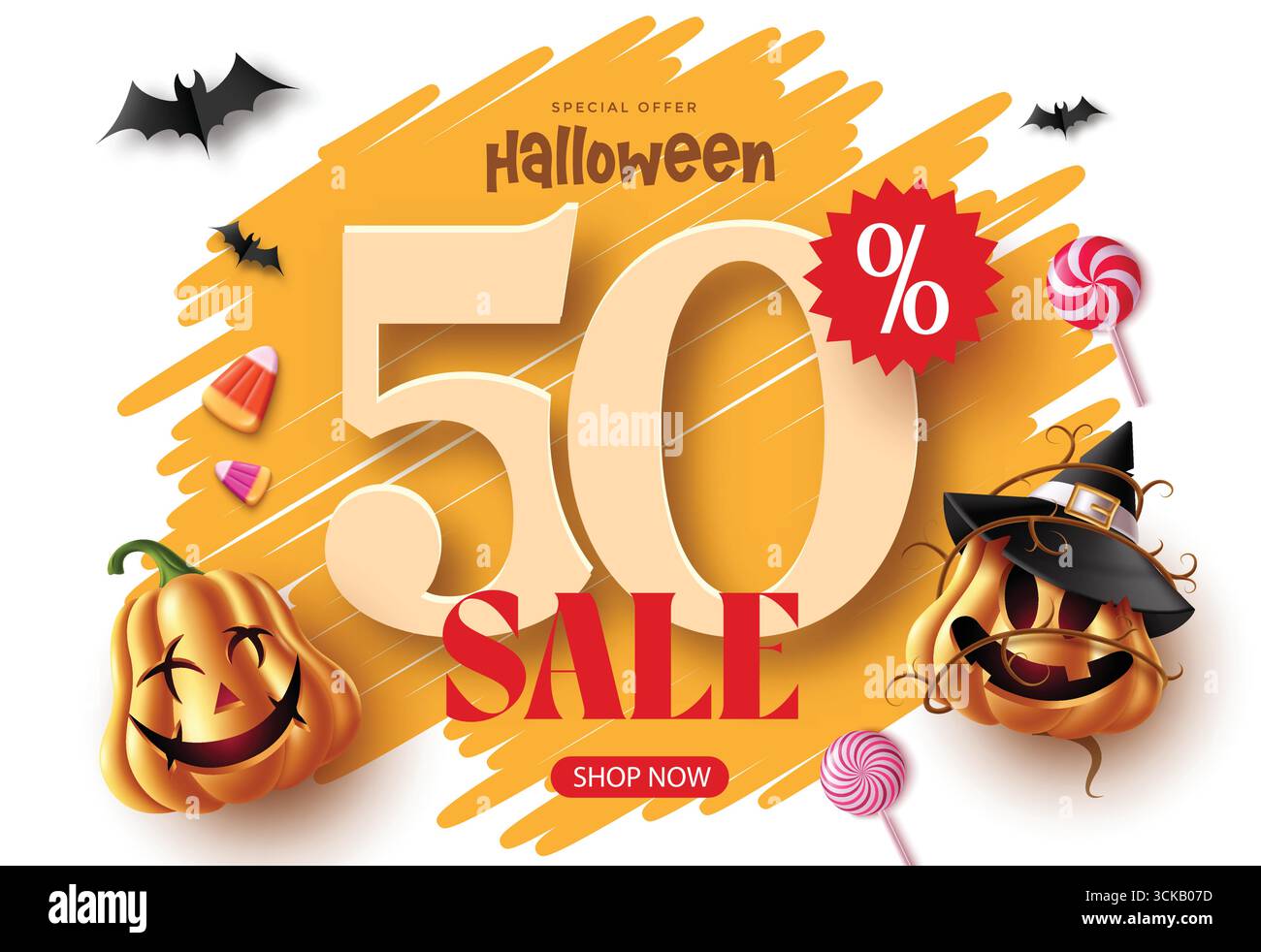 Design coloré de vente d'Halloween avec citrouilles, chauves-souris, sucettes, maïs bonbon et chapeau de sorcière. Parfait pour les bannières, flyers, affiches, promotions, automne fès Illustration de Vecteur