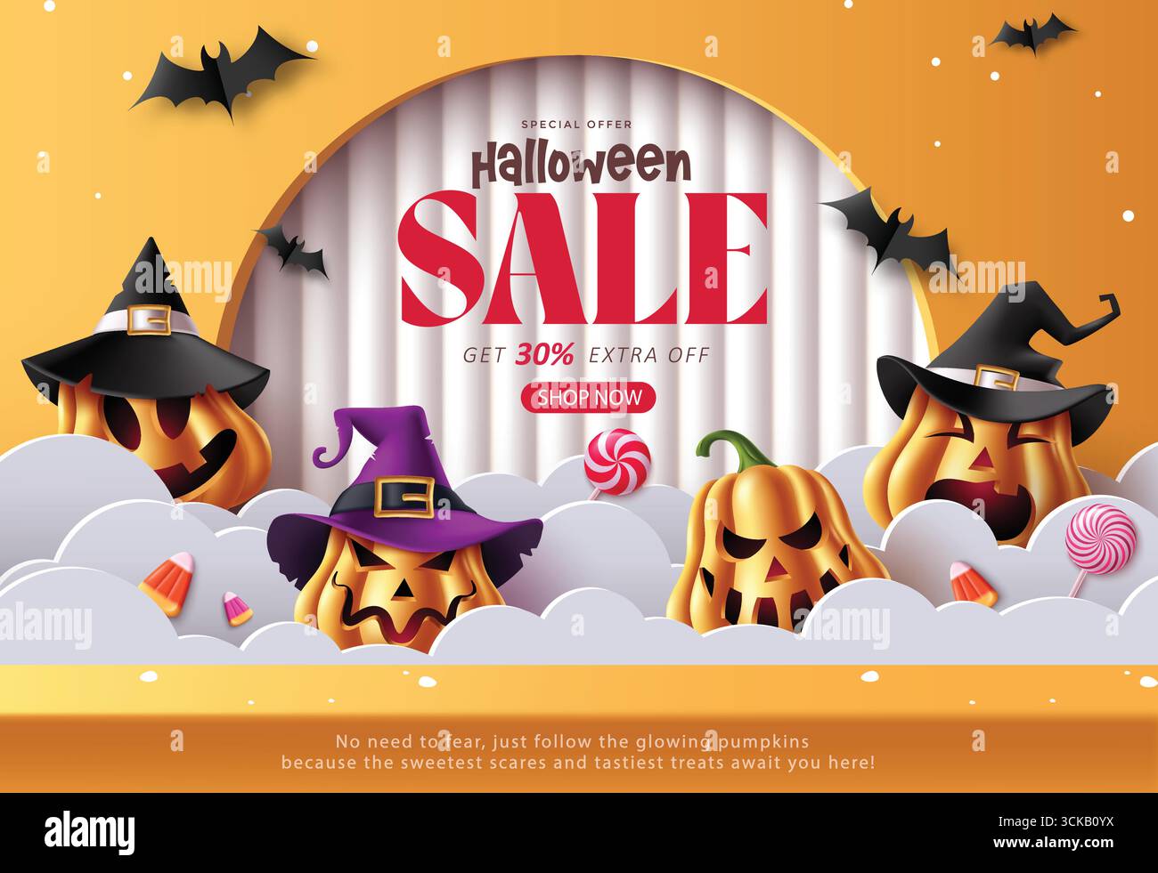 Design festif de vente d'Halloween avec citrouilles sculptées, chapeaux de sorcière, sucettes, chauves-souris et nuages sur un fond de papier orange vif. Parfait pour les vacances Illustration de Vecteur