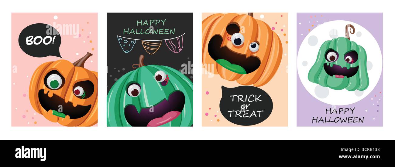 Jeu de cartes d'Halloween ludique avec des citrouilles et des salutations comme Bouh, Trick or Treat, et Happy Halloween. Modèle vectoriel pour les invitations de fête effrayantes, saison Illustration de Vecteur