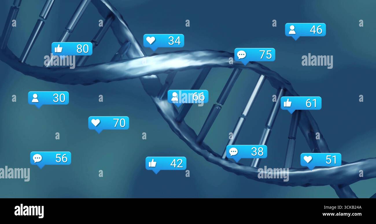 Rotation de l'ADN métallique double hélice en spirale dans l'art numérique avec des icônes de notification de médias sociaux Banque D'Images