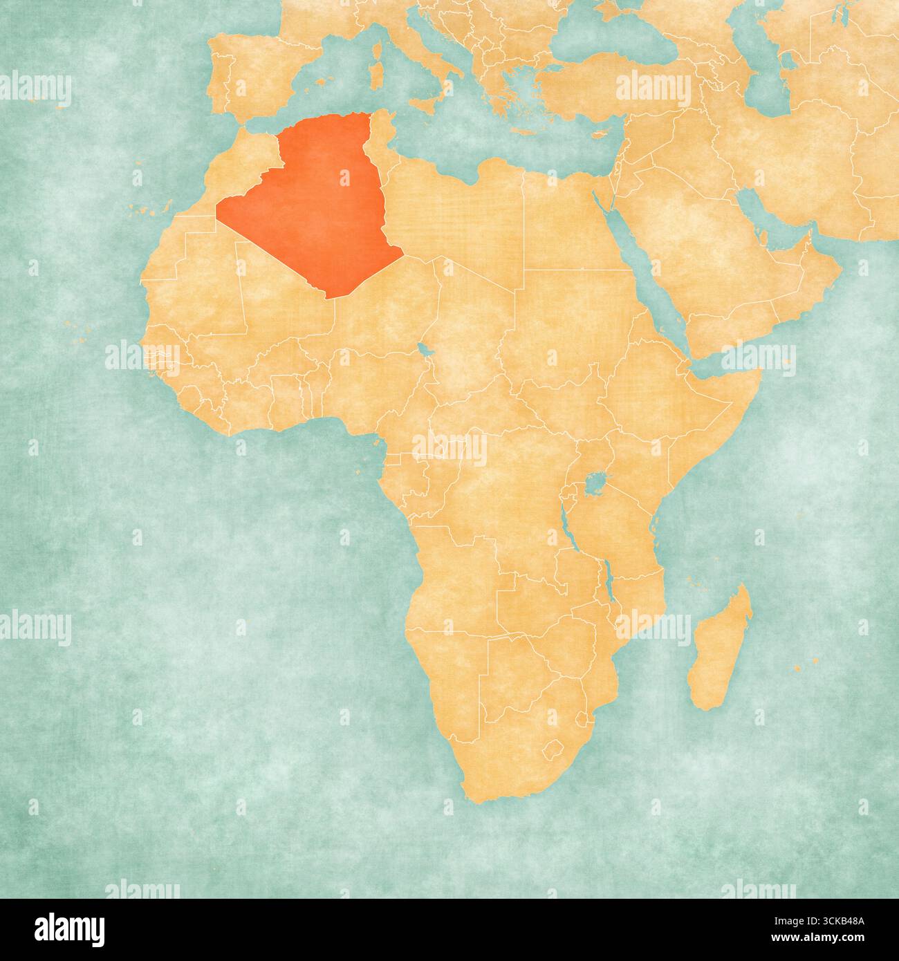 L'Algérie sur la carte de l'Afrique dans le grunge doux et le style vintage, comme le vieux papier avec aquarelle peinture. Banque D'Images