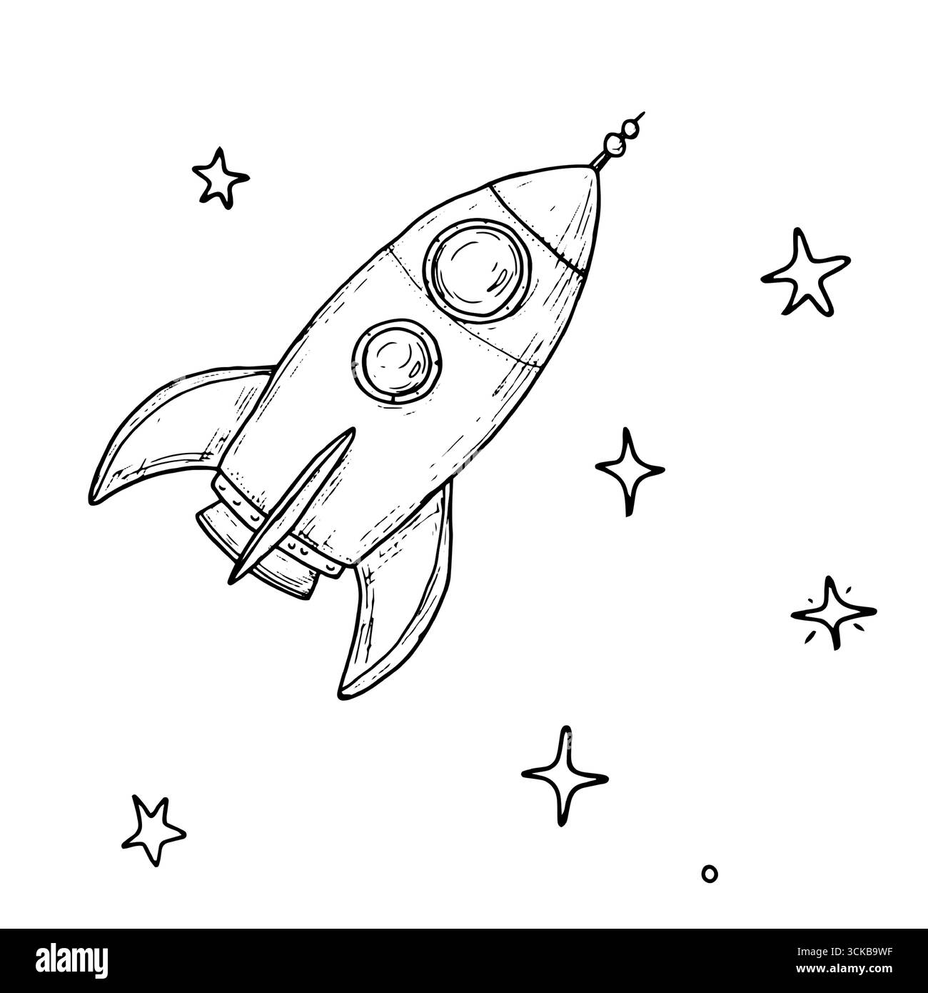 Jouet fusée pour enfants, croquis noir et blanc. Illustration vectorielle. Jouet spatial volant, isolé sur un fond blanc. Thème de l'enfance, anniversaire, pour p Illustration de Vecteur