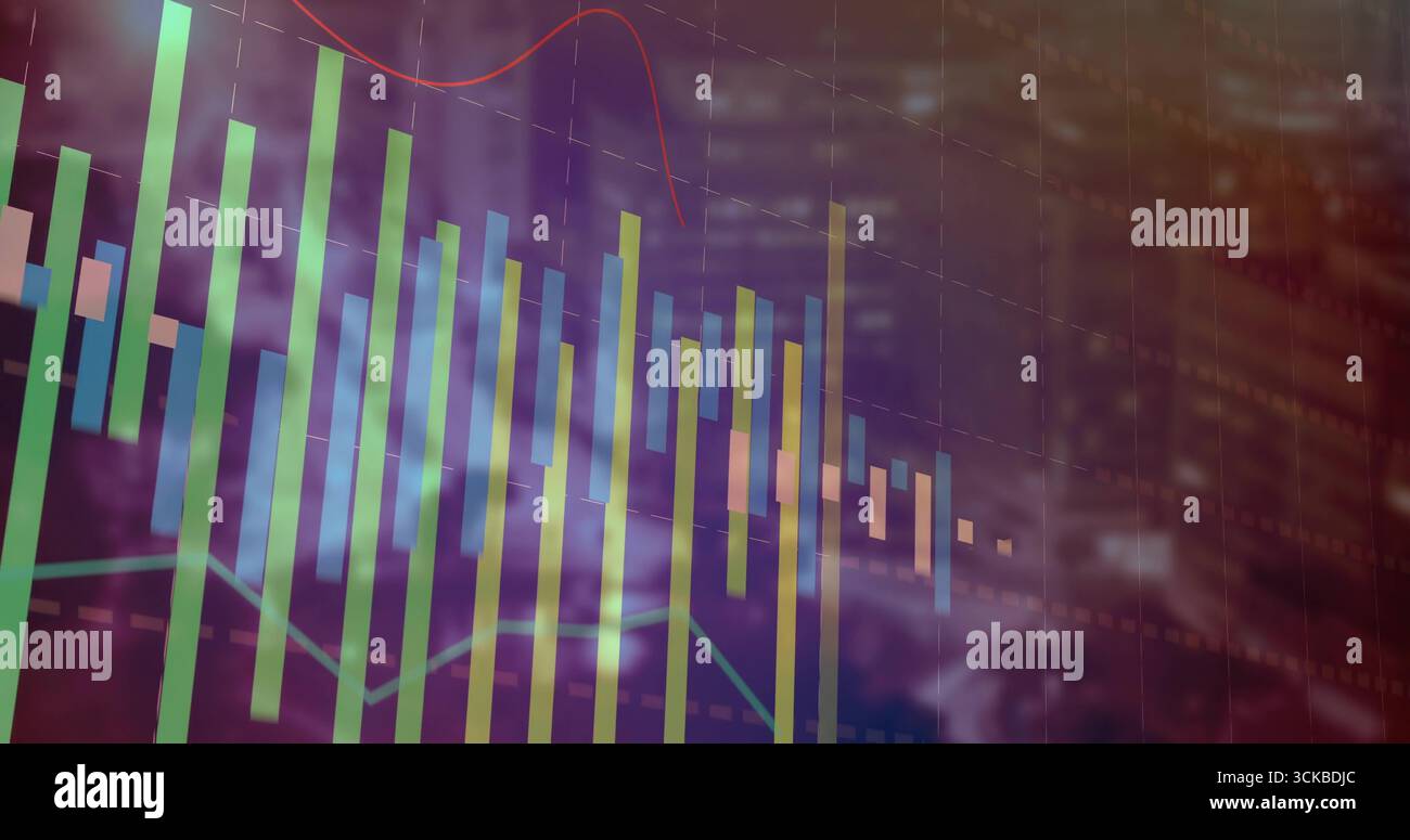 Affichage de graphiques financiers sur des gratte-ciels flous, avec des graphiques à barres verticales, graphiques linéaires, grille. Finance, visualisation de données, analytique, technolog Banque D'Images