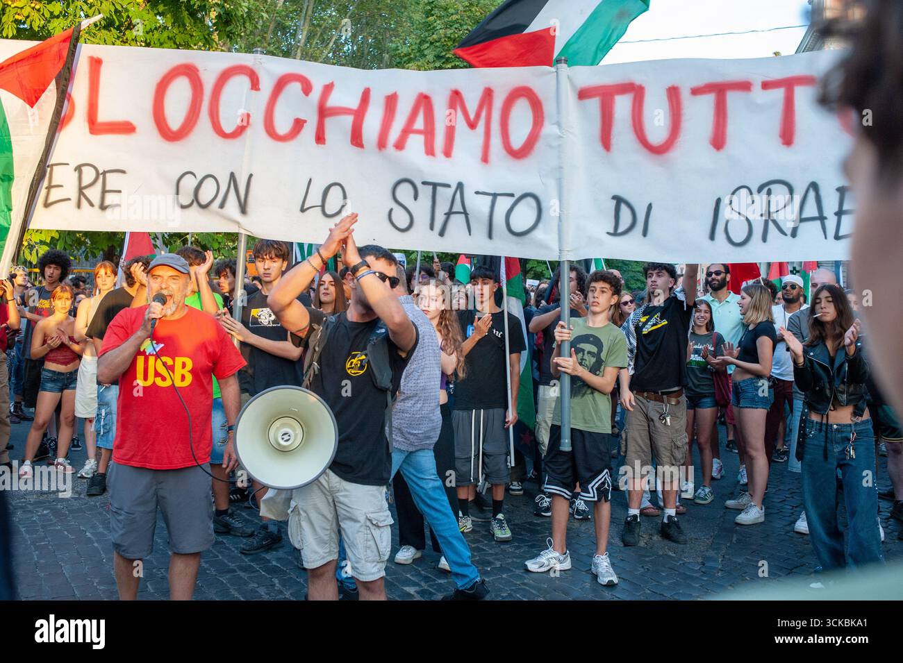 Rome, Italie, 7 septembre 2025 : manifestation pro-palestinienne en soutien à la flottille mondiale Sumud © Andrea Sabbadini Banque D'Images