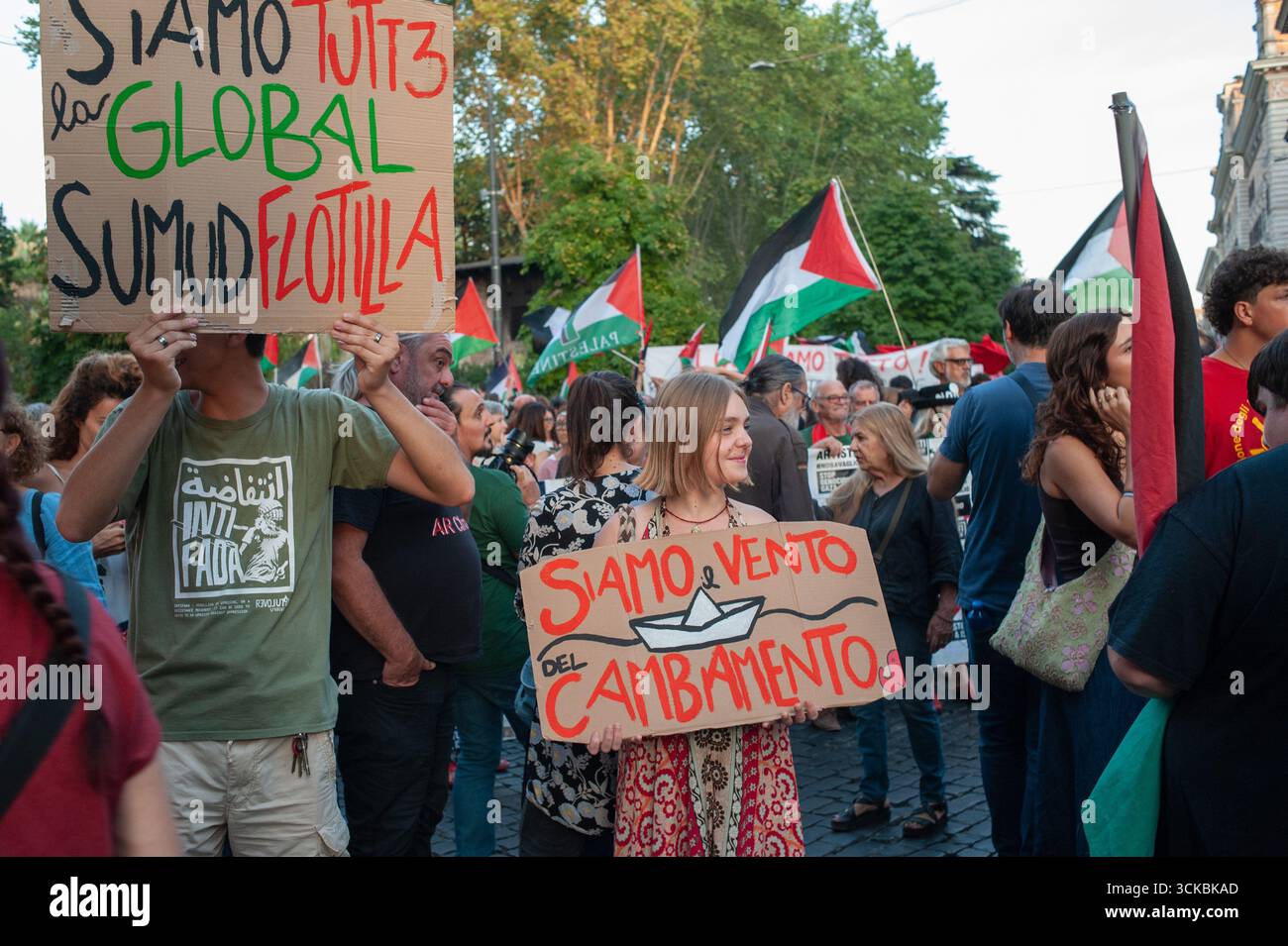 Rome, Italie, 7 septembre 2025 : manifestation pro-palestinienne en soutien à la flottille mondiale Sumud © Andrea Sabbadini Banque D'Images