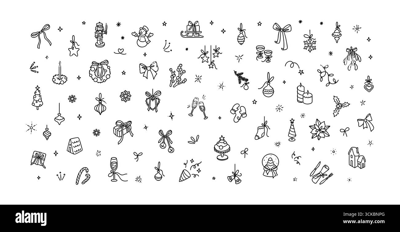 Mignon ligne doodle Joyeux Noël et bonne année simple dessiné à la main icônes ensemble. Crayon enfants gribouillent. Décorations sapin, bulle de Noël, bonhomme de neige, STA Illustration de Vecteur