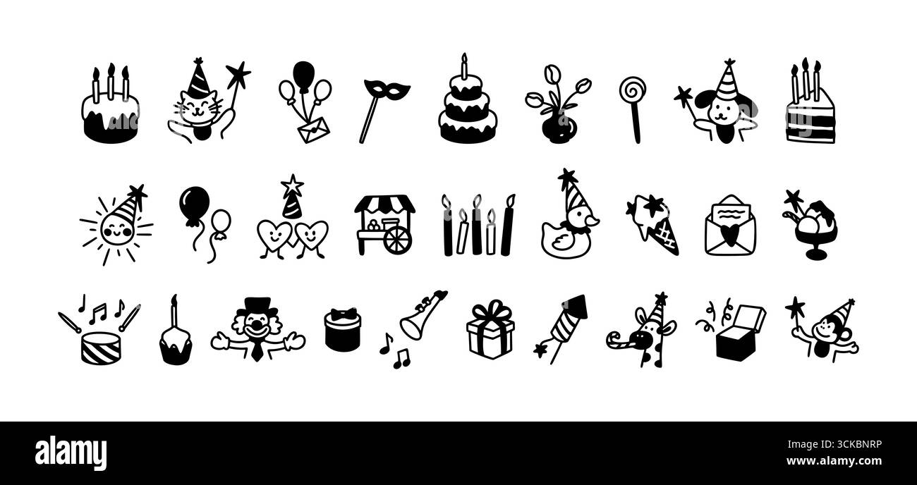 Joyeux anniversaire ligne mignonne doodle icônes. Gribouilles fantaisistes au crayon. Clown drôle, chien, voiture, girafe, singe et autres personnages. Célébration i Illustration de Vecteur