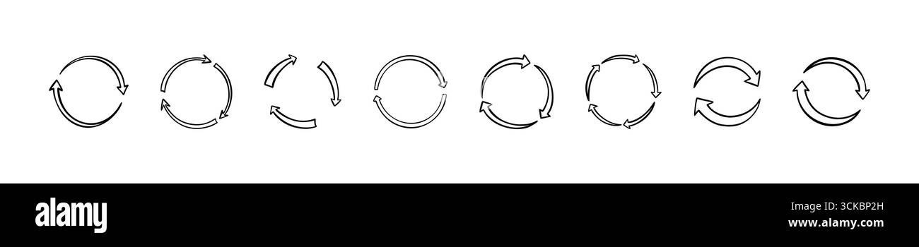 Symbole de flèche de rotation d'esquisse dessinée à la main. Icône de griffonnage de cycle de répétition. Synchroniser, charger, télécharger, renouveler symbole. Illustration vectorielle de flèche tournante. CR Illustration de Vecteur