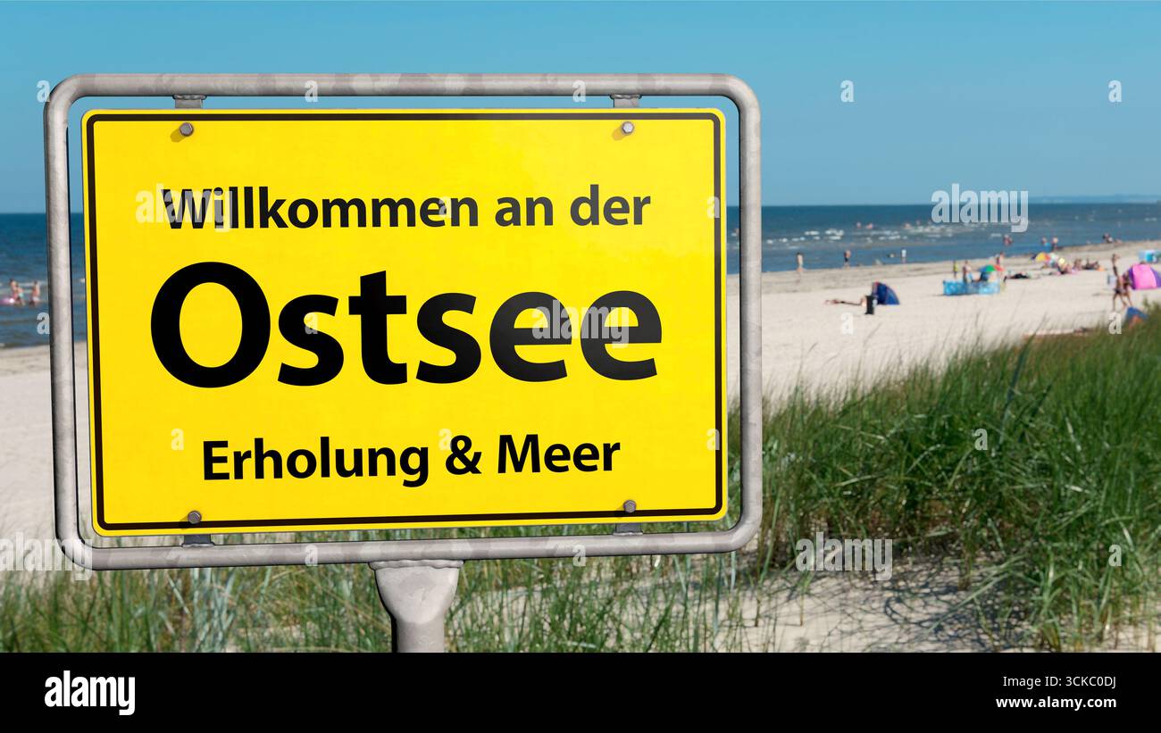 Panneau avec texte allemand : Willkommen an der Ostsee (Bienvenue en mer Baltique) Banque D'Images