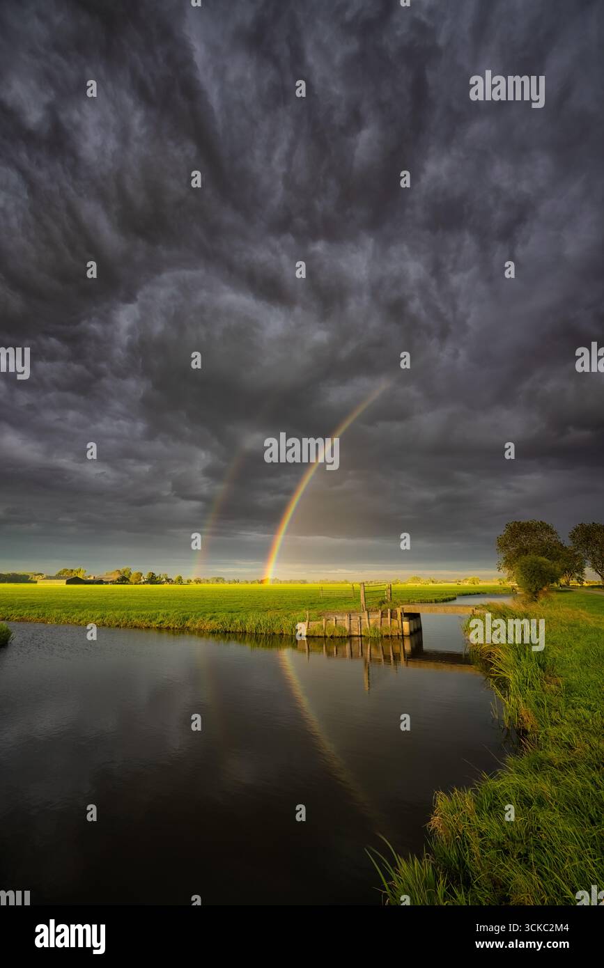 Un paysage hollandais typique sous le niveau de la mer avec des canaux et un ciel sombre Banque D'Images