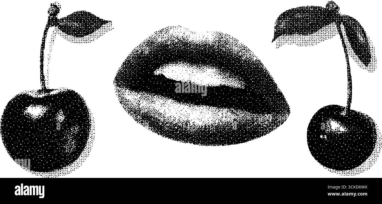 Collage de marque de baiser de rouge à lèvres demi-teinte avec un design d'art de cerise. Illustration de Vecteur