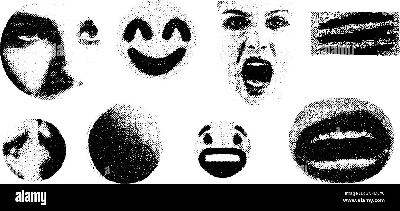 Visages de dessins animés en demi-teintes avec des expressions émotionnelles pour le design pop art. Illustration de Vecteur