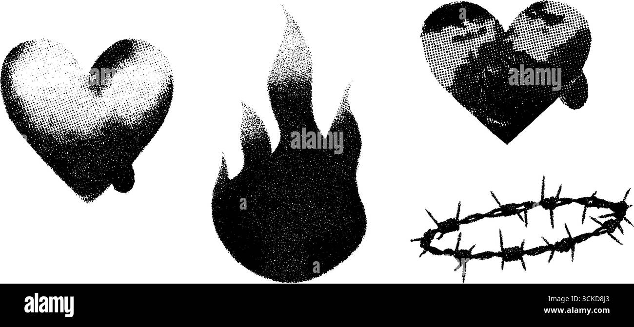 Ensemble de conception demi-teinte avec des coeurs en fil de fer barbelé et des éléments de flamme pour une utilisation créative. Illustration de Vecteur Ensemble de conception demi-teinte avec des coeurs en fil de fer barbelé et des éléments de flamme pour une utilisation créative. Illustration de Vecteur