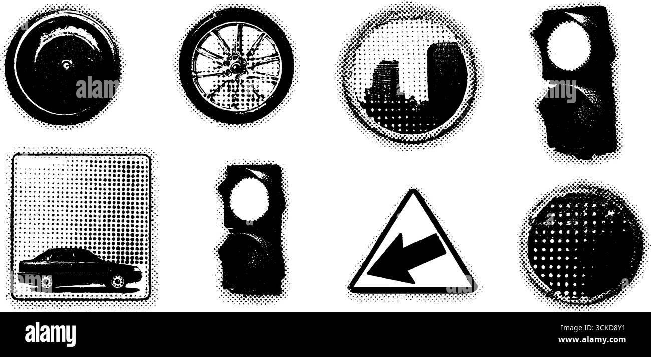 Ensemble d'illustrations en demi-teinte avec roues et panneaux de signalisation pour les projets de design rétro. Illustration de Vecteur