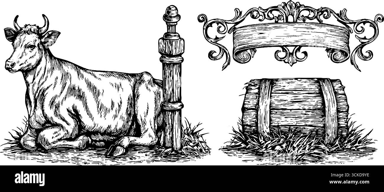 Ensemble d'illustration gravée vintage avec balle de vache et de foin pour la conception rétro de la ferme. Illustration de Vecteur