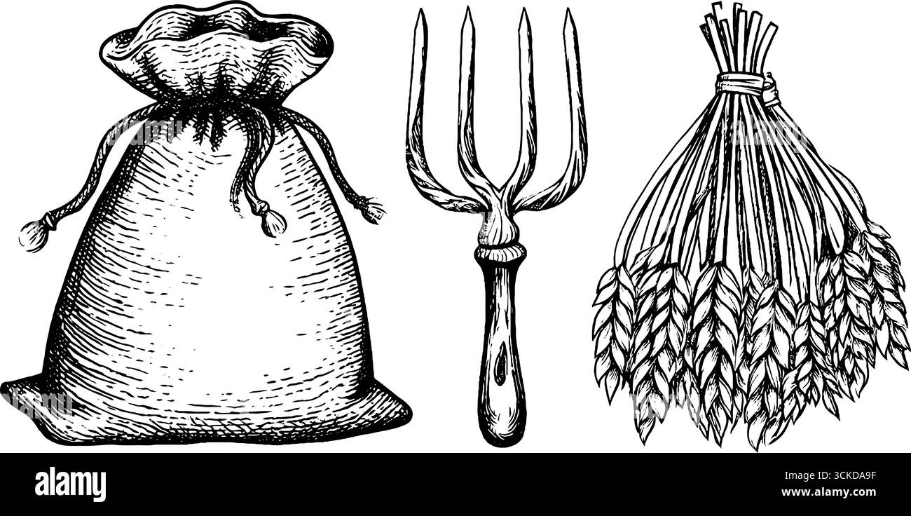 Illustration gravée vintage du sac de grain, du faisceau de blé et de la fourchette de foin pour la conception rustique. Illustration de Vecteur