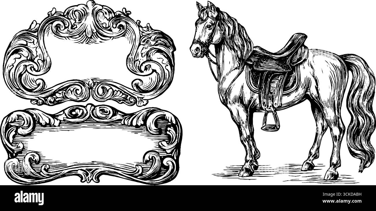 Illustration gravée vintage de cheval avec selle et cadres ornés pour la conception. Illustration de Vecteur
