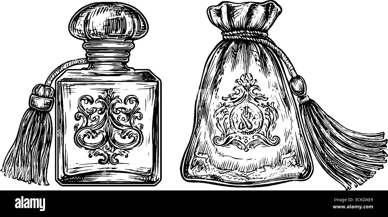 Flacon de parfum de luxe vintage et esquisse de pochette pour un design rétro. Illustration de Vecteur
