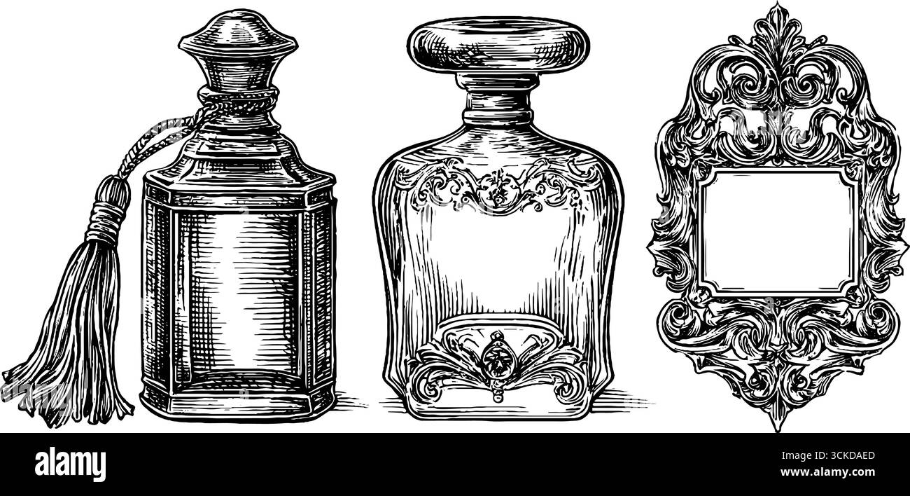 Bouteille de parfum de luxe vintage et illustration d'étiquette ornée pour la conception. Illustration de Vecteur