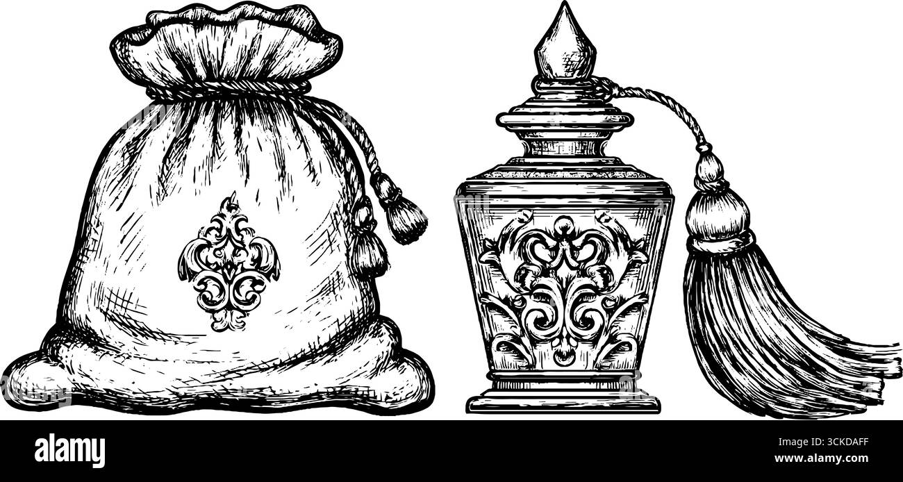 Bouteille de parfum de luxe vintage et pochette décorative gravure dessinée à la main pour la conception. Illustration de Vecteur