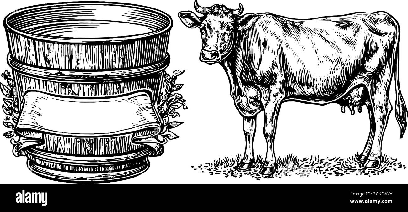 Illustration vintage de la vie de ferme avec milkmaid et seau pour une utilisation de conception rétro. Illustration de Vecteur
