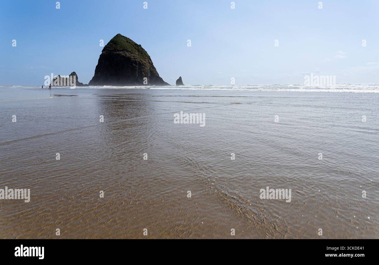 Vue en bas angle de Haystack Rock et Cannon Beach le long de la côte Pacifique de l'Oregon. Banque D'Images