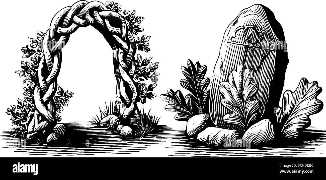 Arc de noeud celtique complexe et gravure de monument en pierre pour le design vintage. Illustration de Vecteur