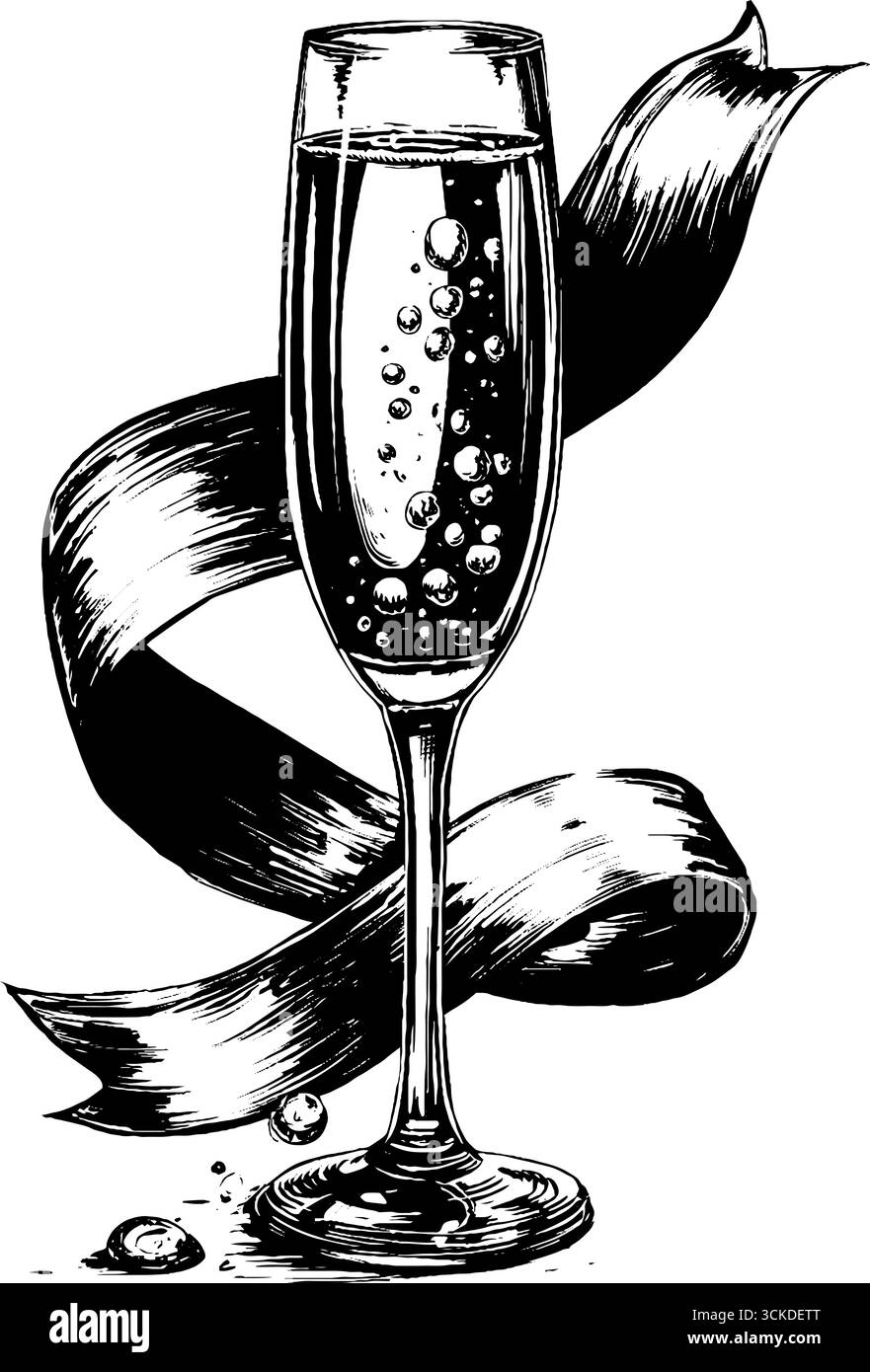 Illustration gravée vintage de flûte à champagne avec ruban décoratif pour les célébrations festives. Illustration de Vecteur