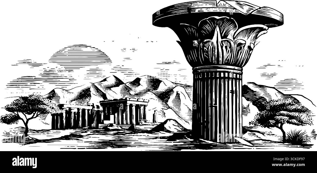 Gravures capitales de colonne égyptienne ornées avec l'architecture ancienne et la scène de paysage. Illustration de Vecteur