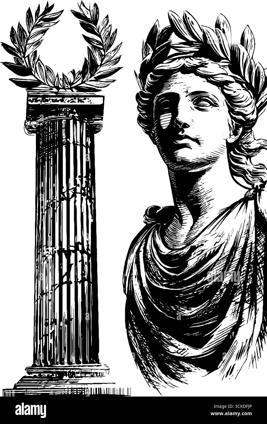 Ensemble d'illustrations gravées représentant une statue de déesse et une colonne couronnée de laurier pour des projets de design classiques. Illustration de Vecteur