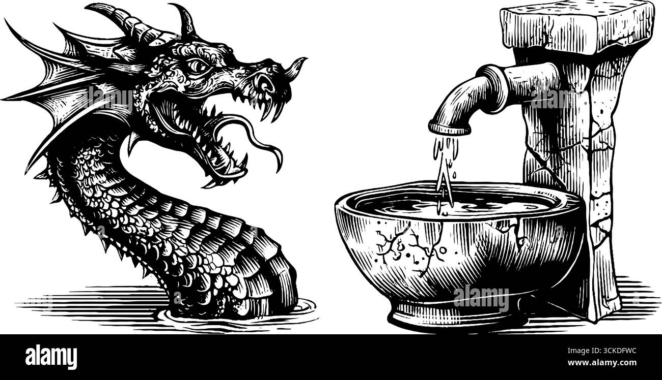 Illustration gravée de serpent en bronze et conception de fontaine d'eau pour un décor rétro. Illustration de Vecteur