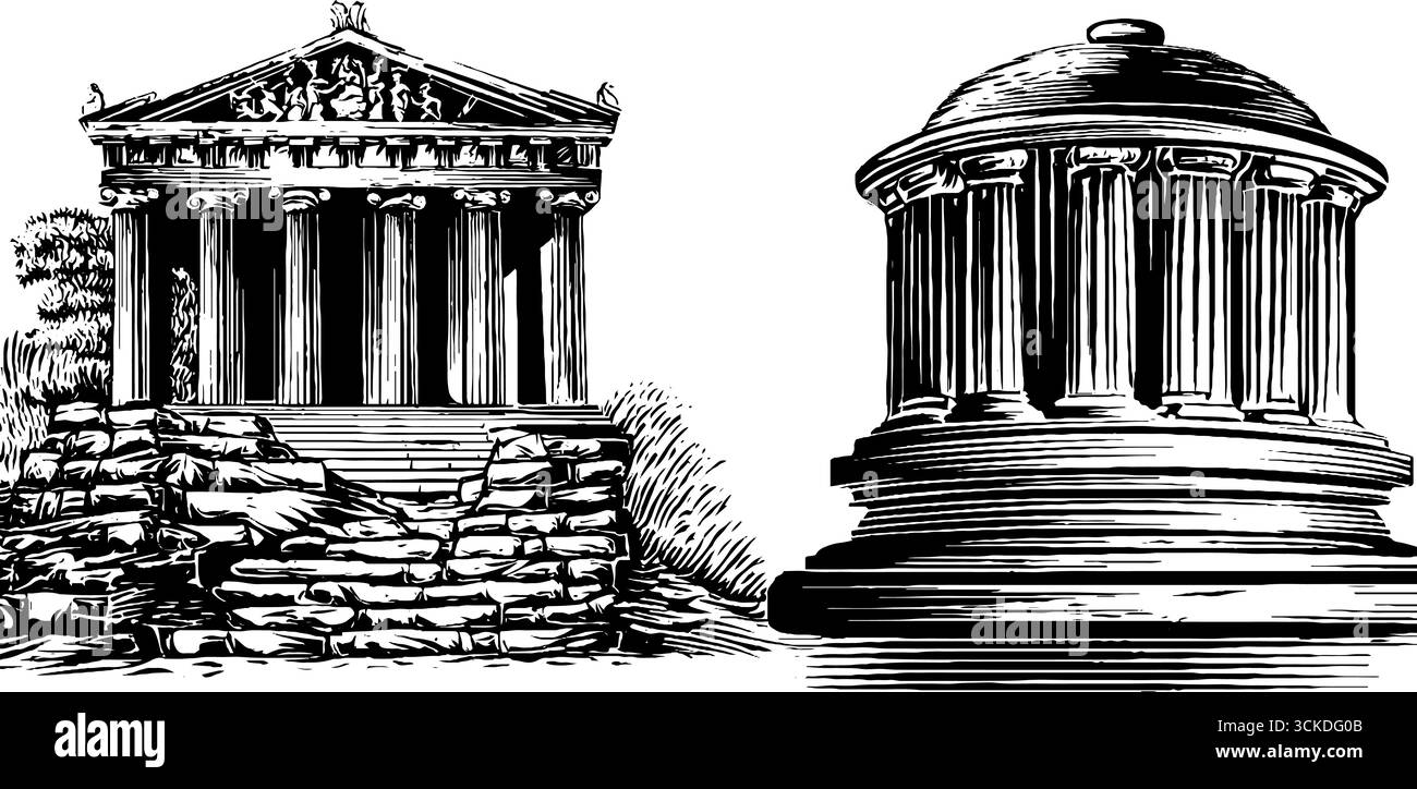 Illustrations gravées de sanctuaires grecs anciens avec colonnes. Illustration de Vecteur