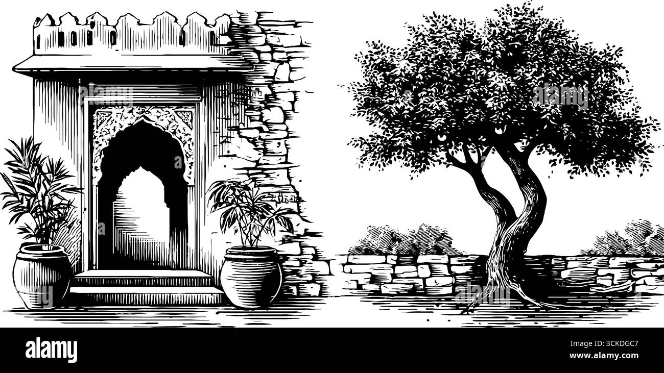 Illustration gravée vintage de la façade indienne Haveli et de l'arbre avec des jardinières pour la conception culturelle. Illustration de Vecteur