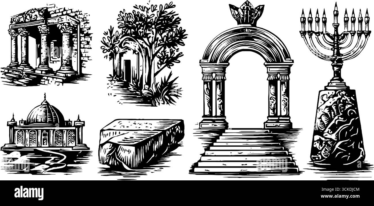 Ensemble d'illustrations gravées représentant un arc de synagogue hébraïque et des éléments historiques. Illustration de Vecteur