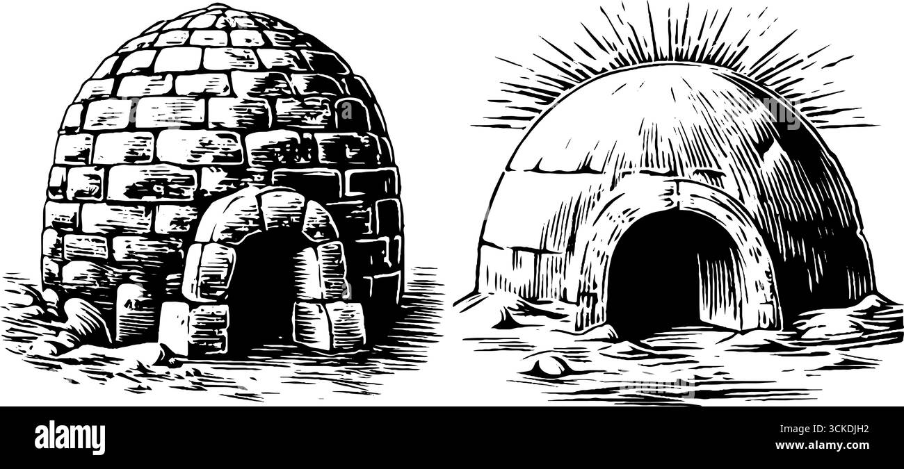 Ensemble d'illustrations gravées vintage d'entrées d'igloo pour la conception arctique et les concepts d'hiver. Illustration de Vecteur
