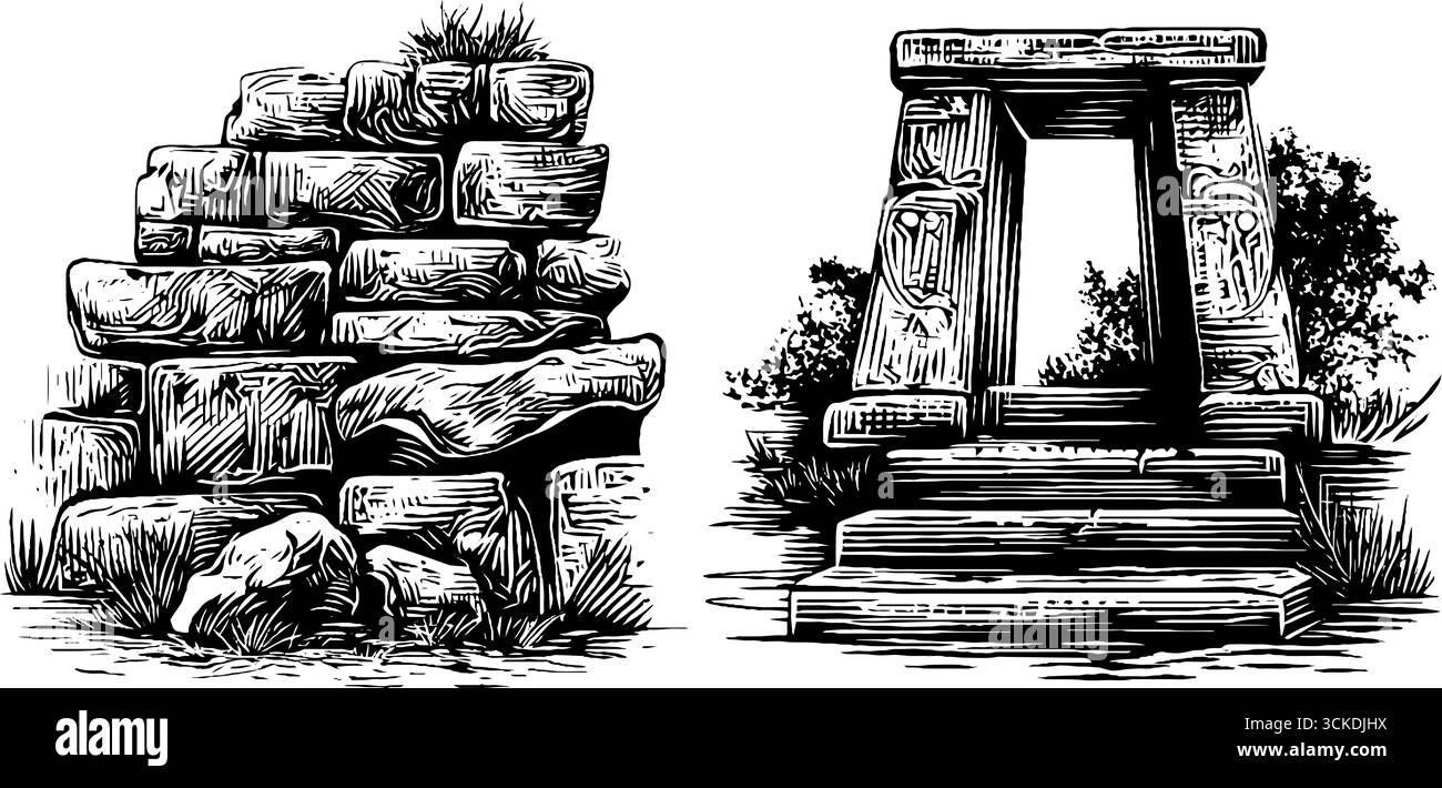 Ensemble d'illustration gravé de murs en pierre inca et de structures pour la conception d'art historique. Illustration de Vecteur
