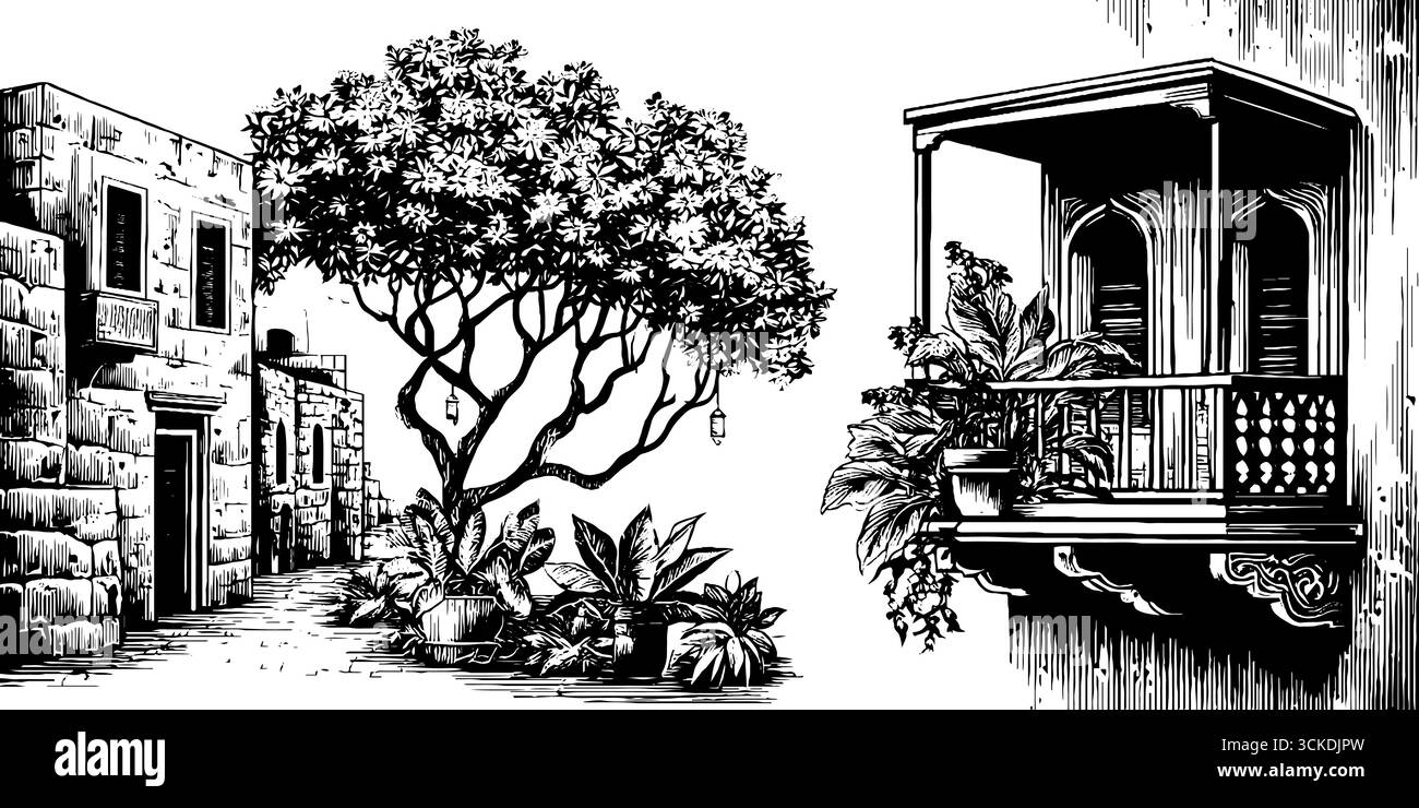 Illustration gravée vintage de l'ensemble de façade Haveli indien avec arbre et balcon pour un design rétro. Illustration de Vecteur
