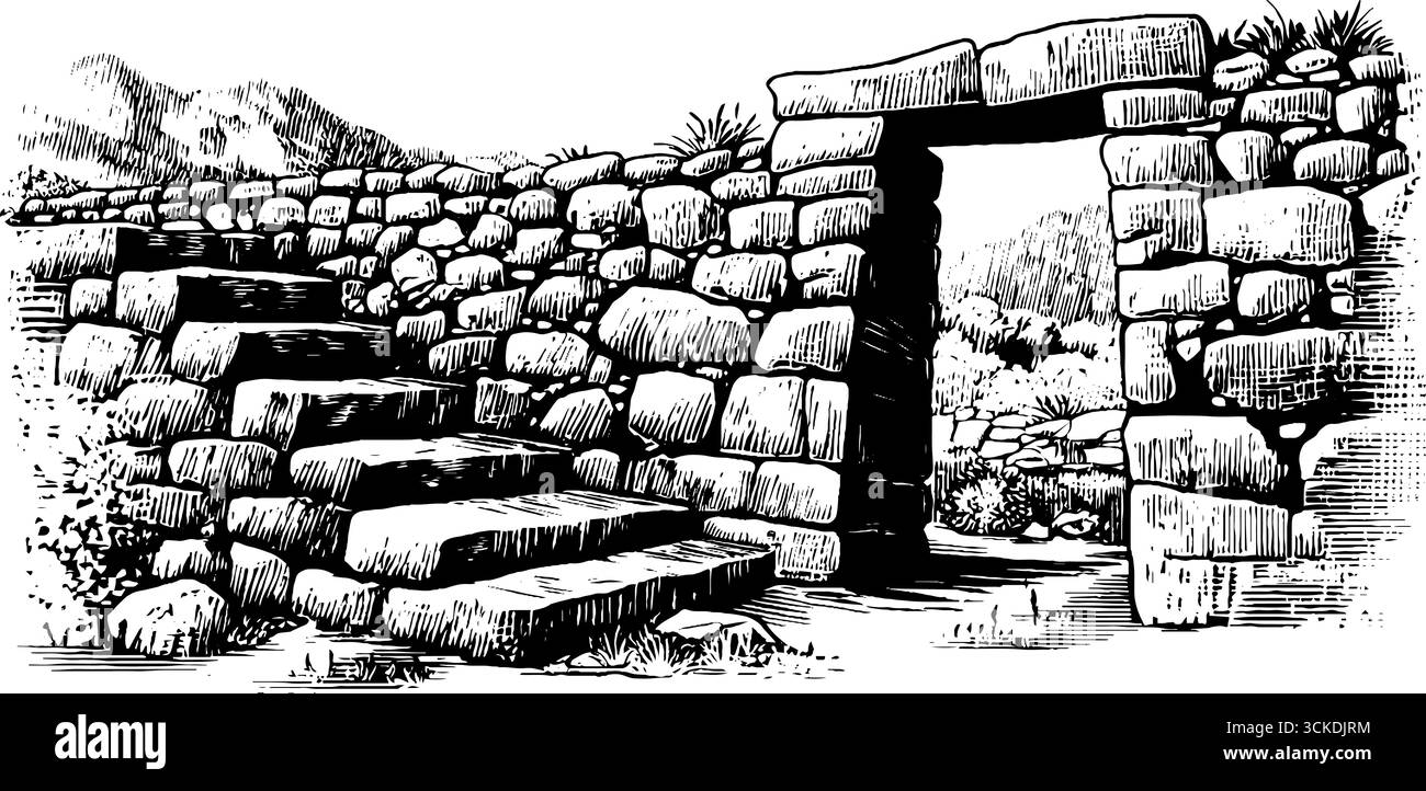 Gravure dessinée à la main du mur en pierre inca avec des marches et une arche dans un style vintage. Illustration de Vecteur