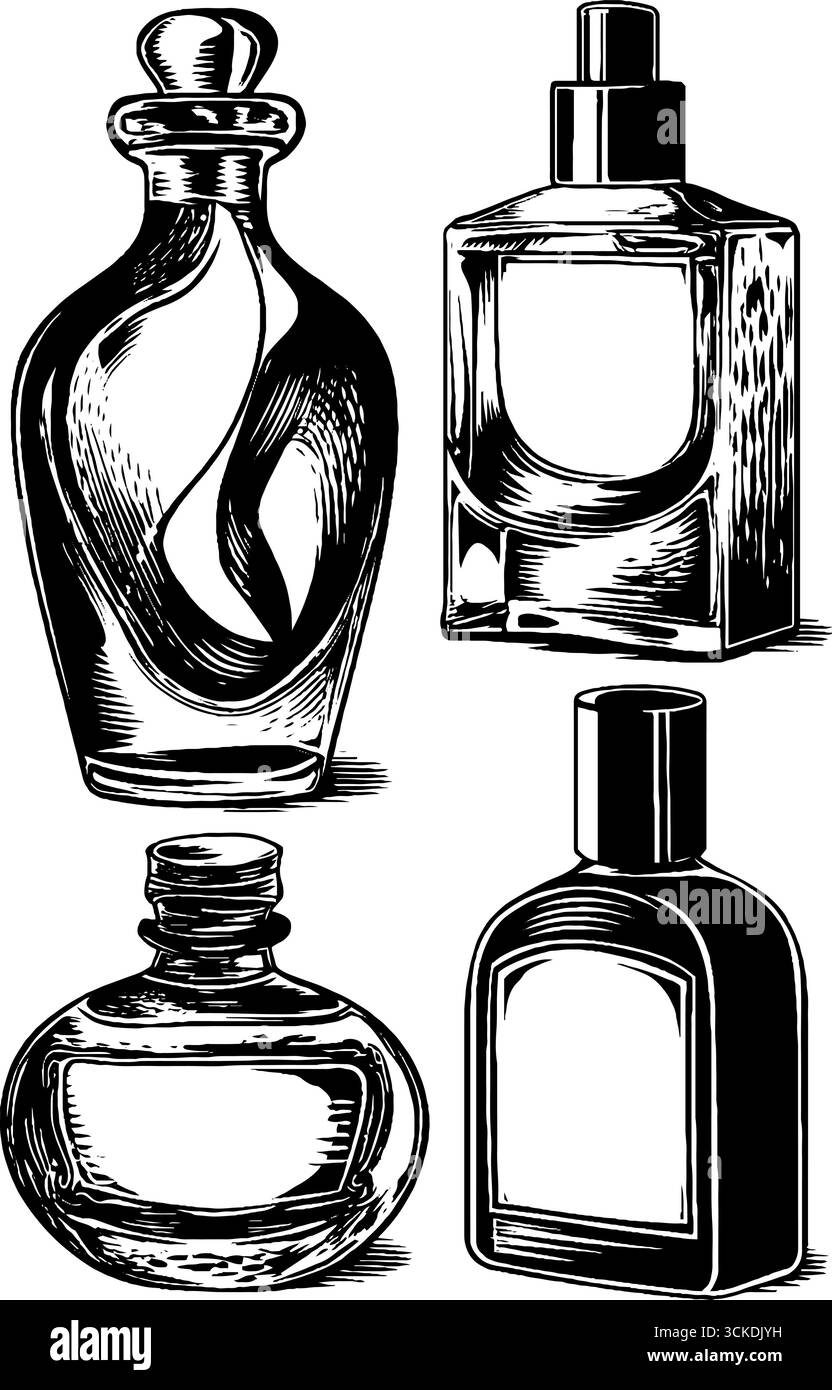 Ensemble d'illustration gravé vintage de formes de bouteille de parfum pour la conception et les étiquettes. Illustration de Vecteur