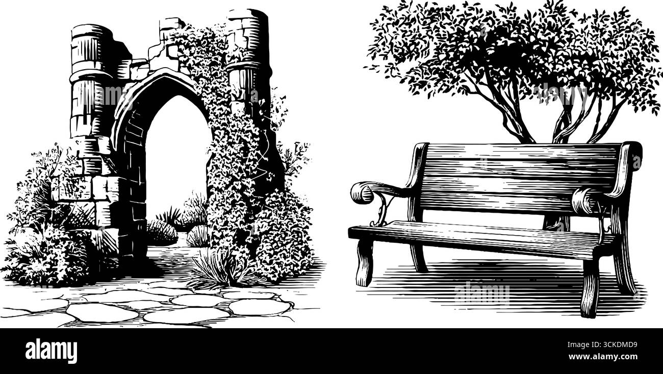 Illustration gravée vintage de l'arche universitaire et du banc de parc - design rétro pour impression et affiche. Illustration de Vecteur