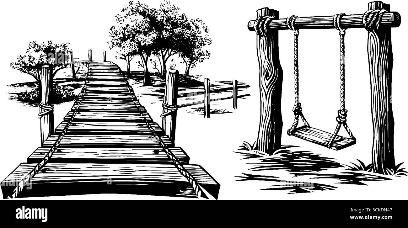 Gravure de pont de corde en bois vintage et d'ensemble de balançoire pour les projets de design rétro. Illustration de Vecteur
